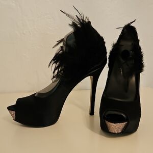 Enzo Angiolini Satin and Feather Platform Black Platform Peep-Toe Heels